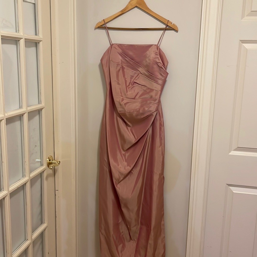 Iridescent pink silk taffeta gown with side slit. Size 12